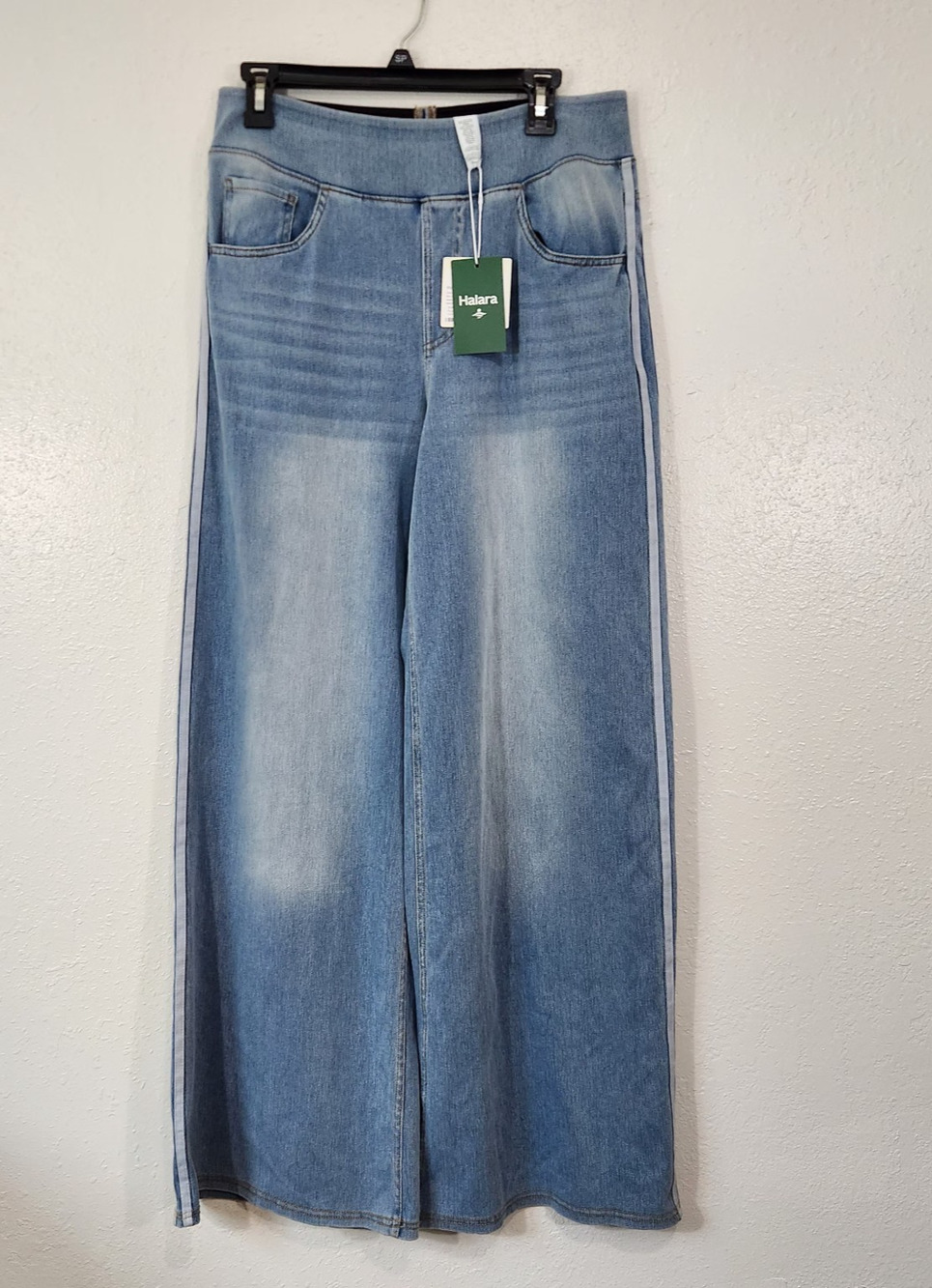 Halara NWT Womens Large Wide Leg Stretch Denim Jeans Baggy Stripe Light Wash Y2K